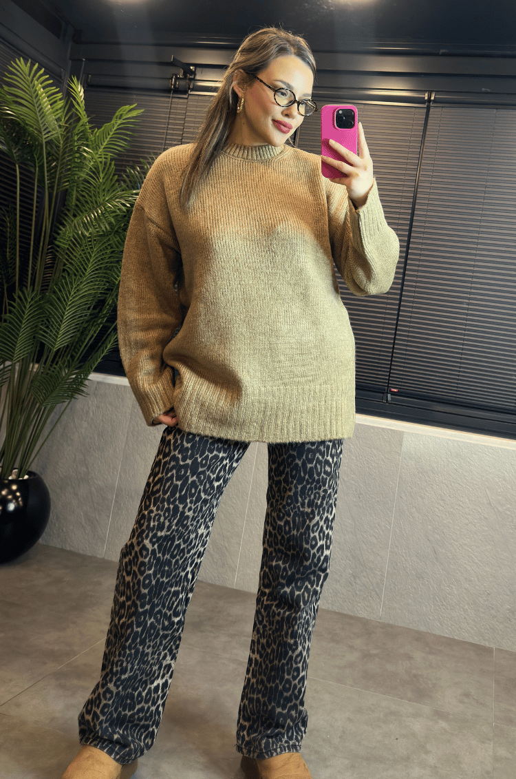 Camel Oversize Bisiklet Yaka Yumoş Uzun Kazak