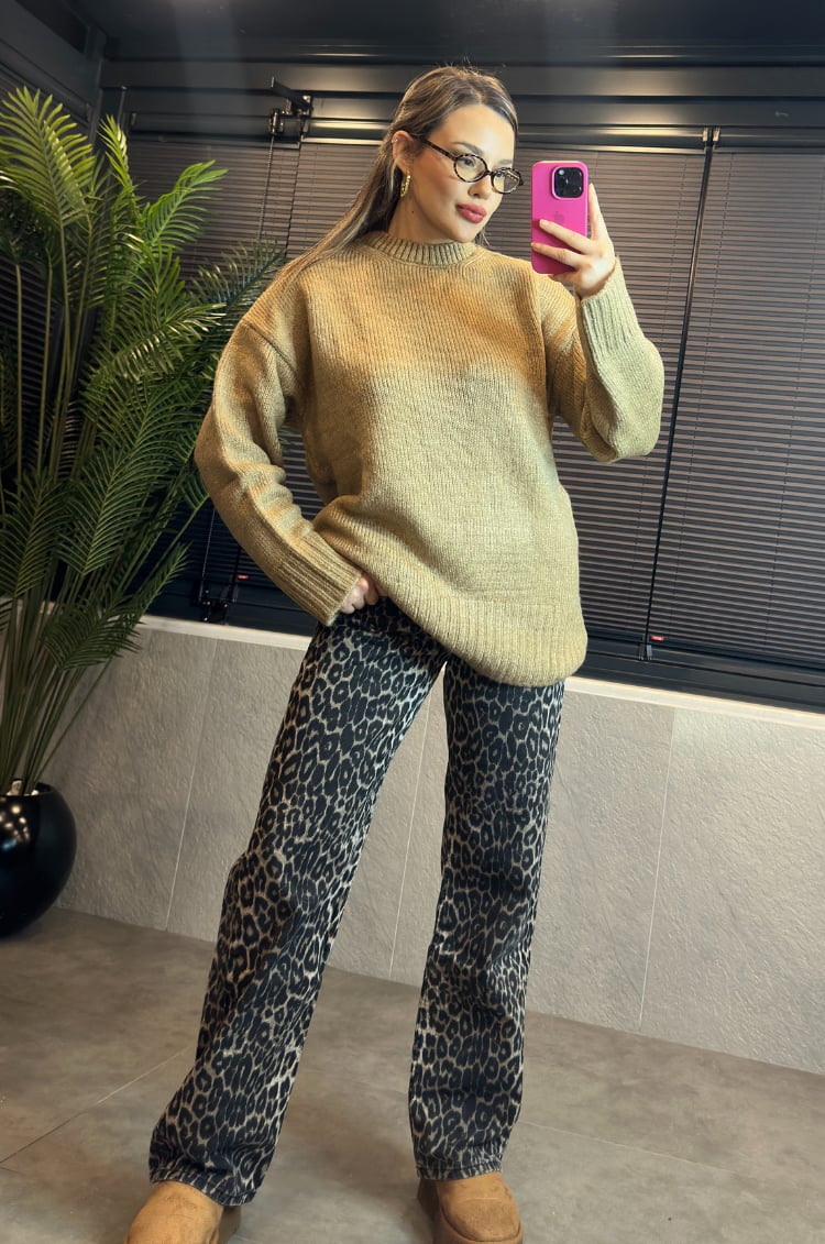 Camel Oversize Bisiklet Yaka Yumoş Uzun Kazak