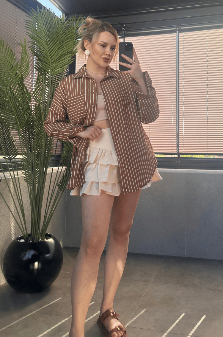 Camel Tek Cepli Çizgili Oversize Modal Gömlek