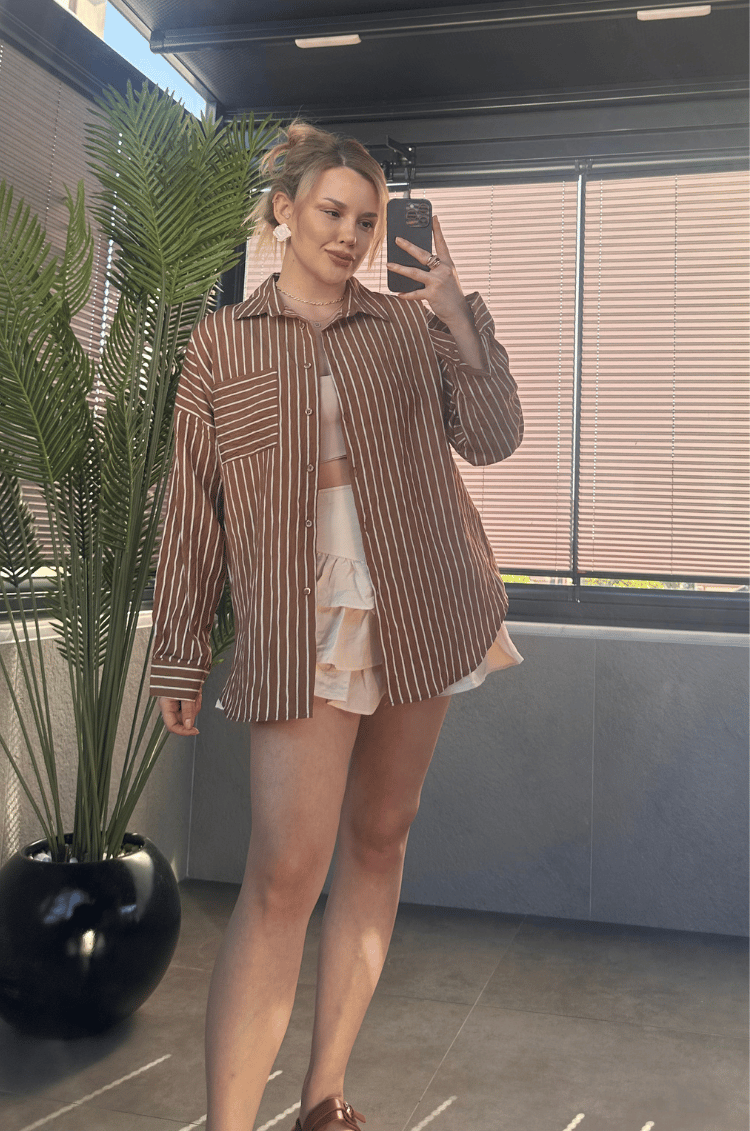 Camel Tek Cepli Çizgili Oversize Modal Gömlek