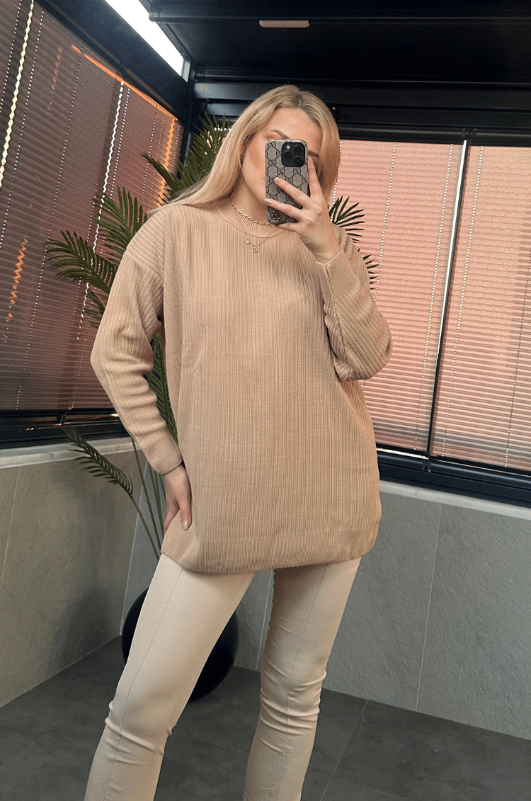 Camel Yarı Boğazlı Fitilli Oversize Kazak