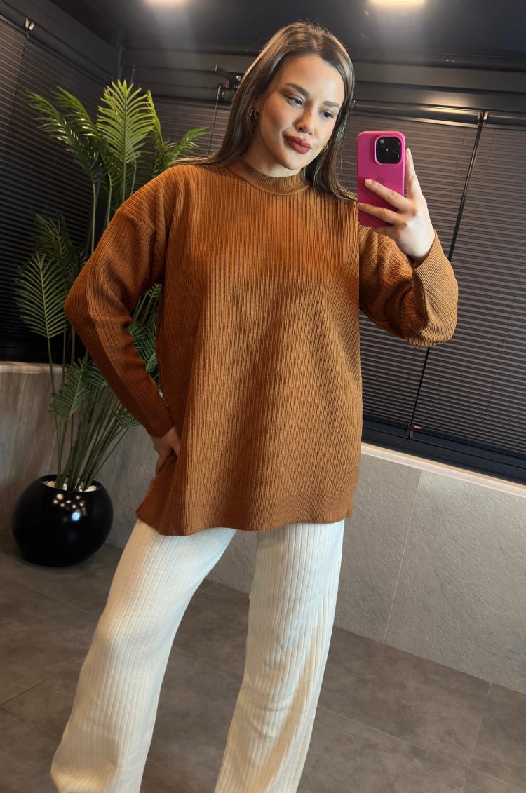 Camel Yarı Boğazlı Fitilli Oversize Kazak 