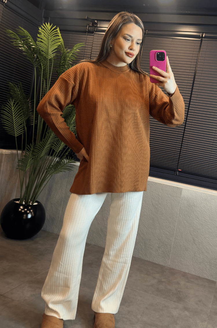 Camel Yarı Boğazlı Fitilli Oversize Kazak 