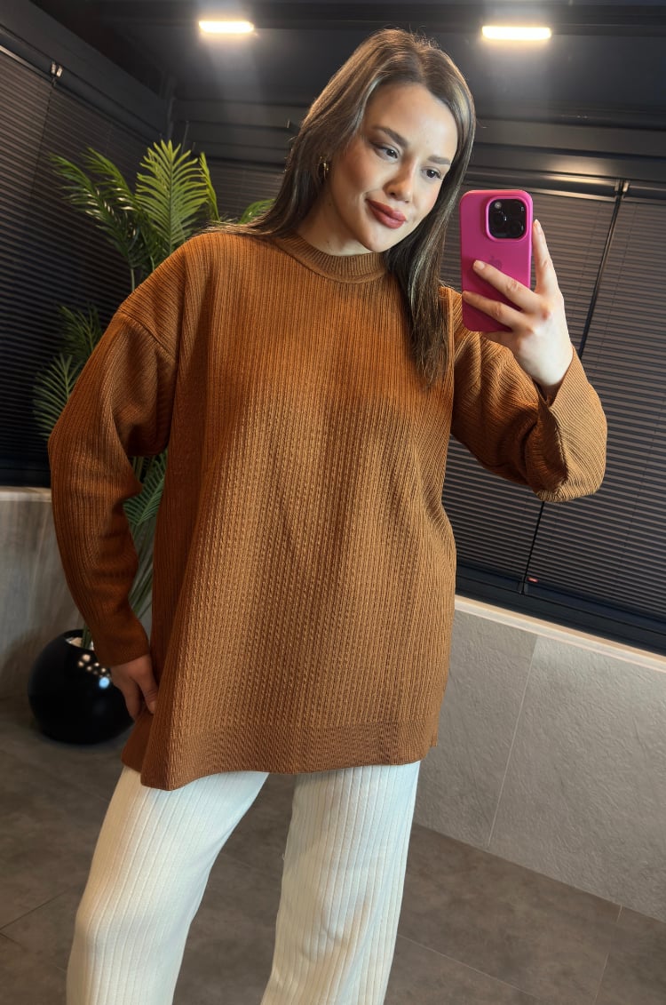Camel Yarı Boğazlı Fitilli Oversize Kazak 
