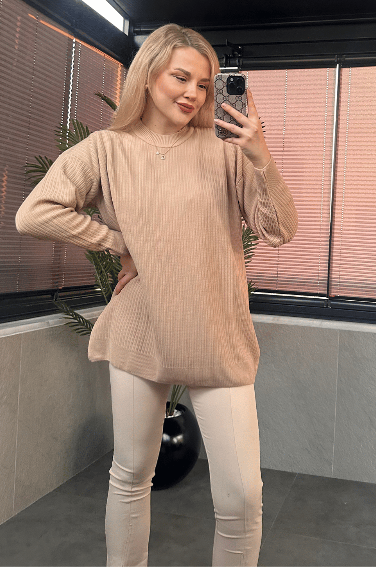 Camel Yarı Boğazlı Fitilli Oversize Kazak