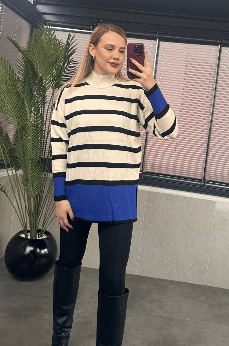 Çizgi Detaylı Boğazlı Saks Mavi Oversize Kazak