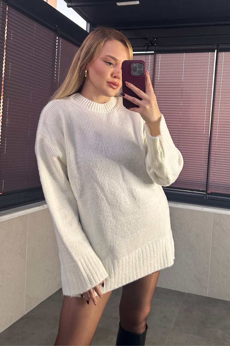 Ekru Oversize Bisiklet Yaka Yumoş Uzun Kazak