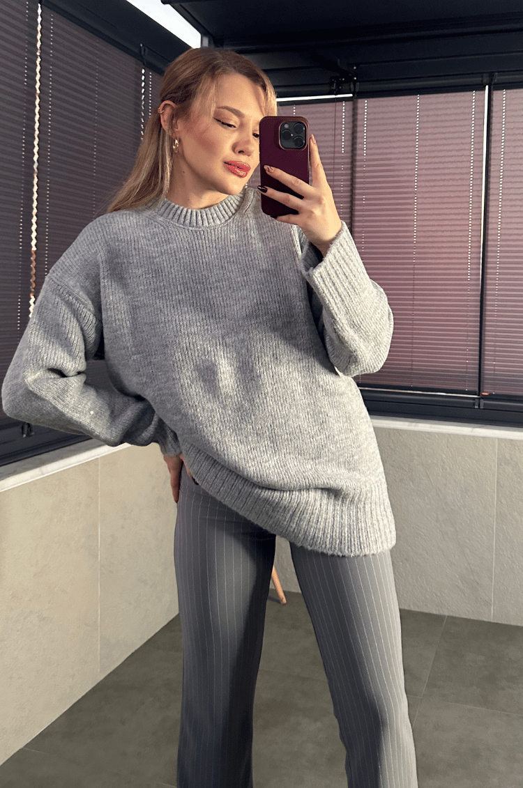 Gri Oversize Bisiklet Yaka Yumoş Uzun Kazak