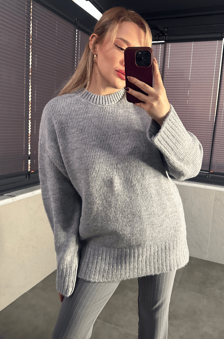 Gri Oversize Bisiklet Yaka Yumoş Uzun Kazak
