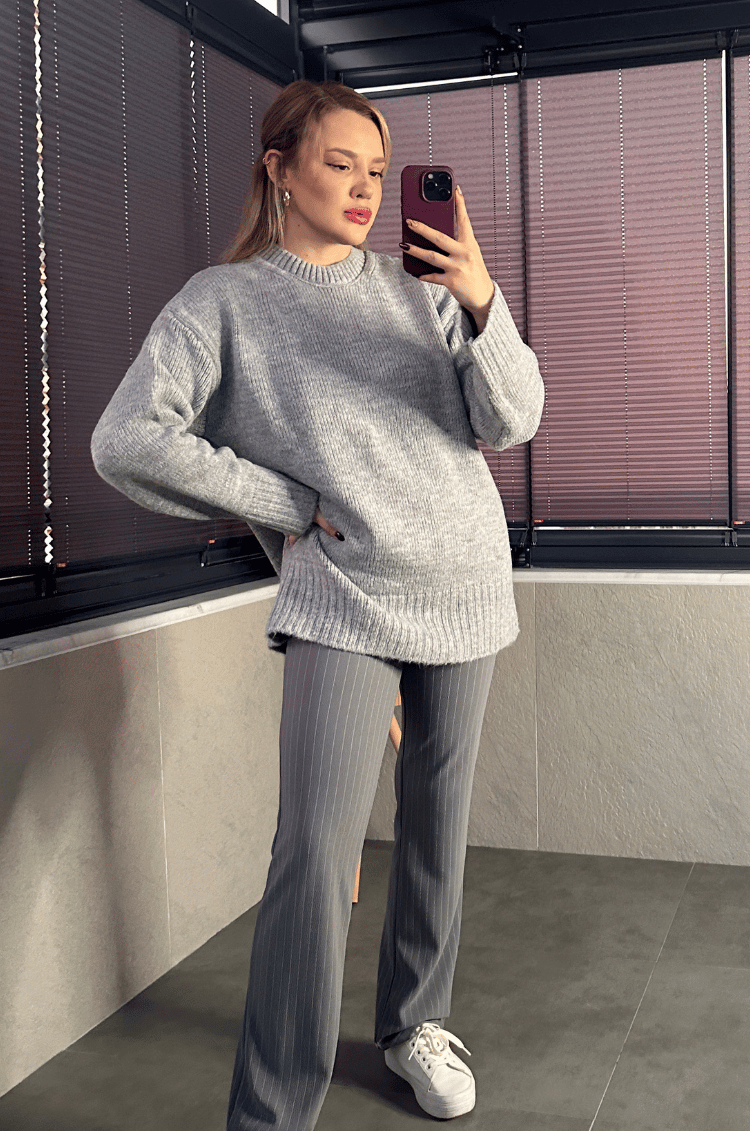 Gri Oversize Bisiklet Yaka Yumoş Uzun Kazak