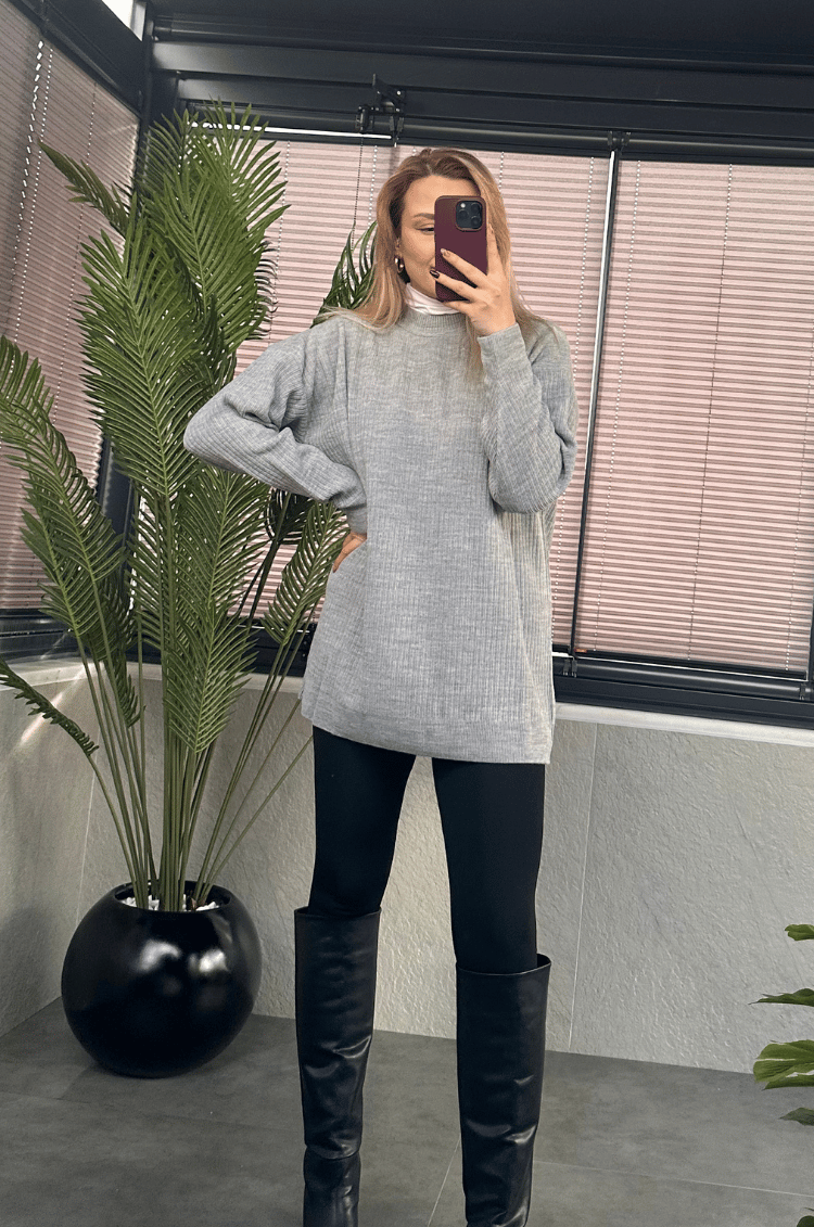 Gri Yarı Boğazlı Fitilli Oversize Kazak