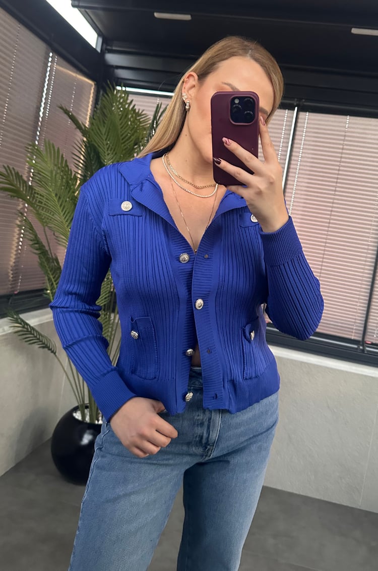 Gümüş Düğmeli Cep Detaylı Fitilli Saks Mavi Triko 