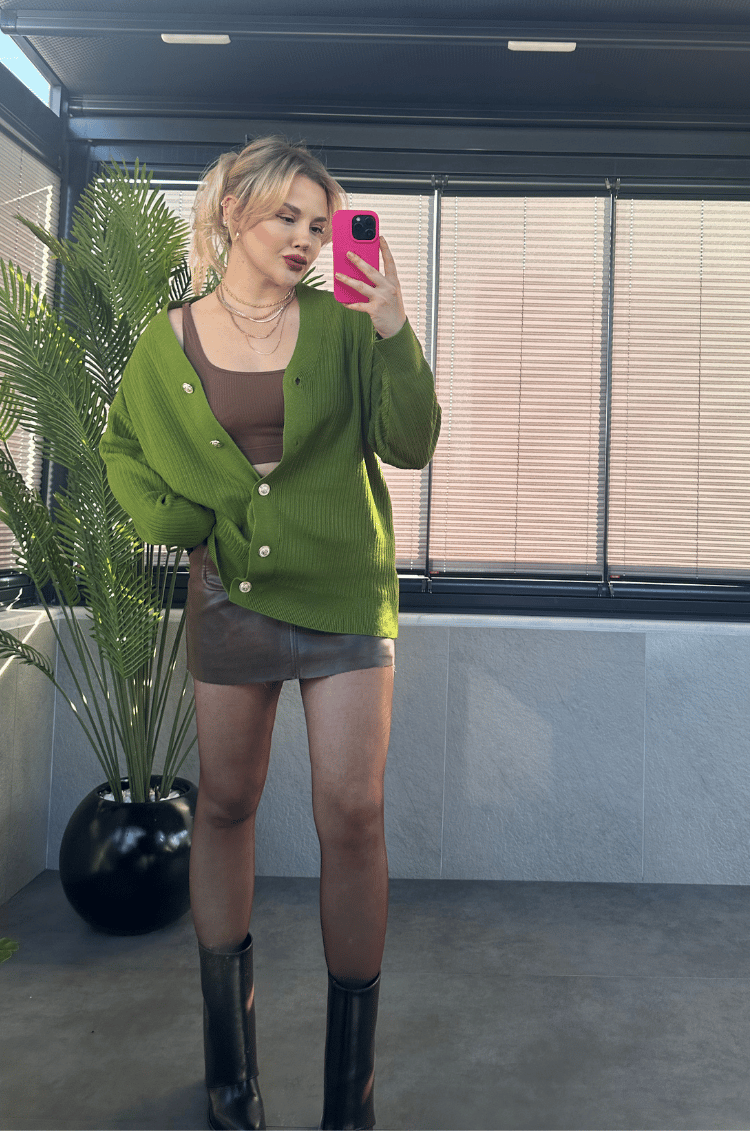 Haki Rengi Fitilli Oversize Basic Örme Hırka