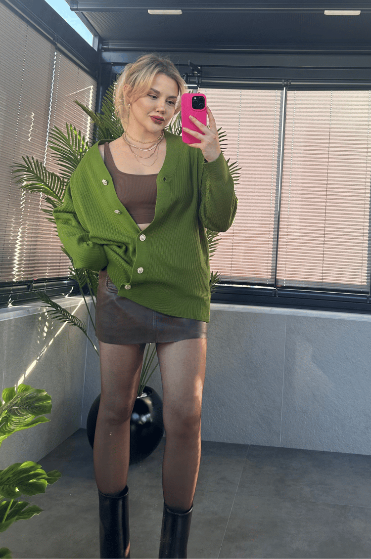 Haki Rengi Fitilli Oversize Basic Örme Hırka