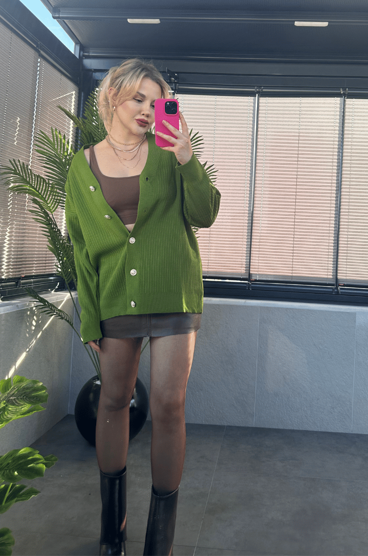 Haki Rengi Fitilli Oversize Basic Örme Hırka