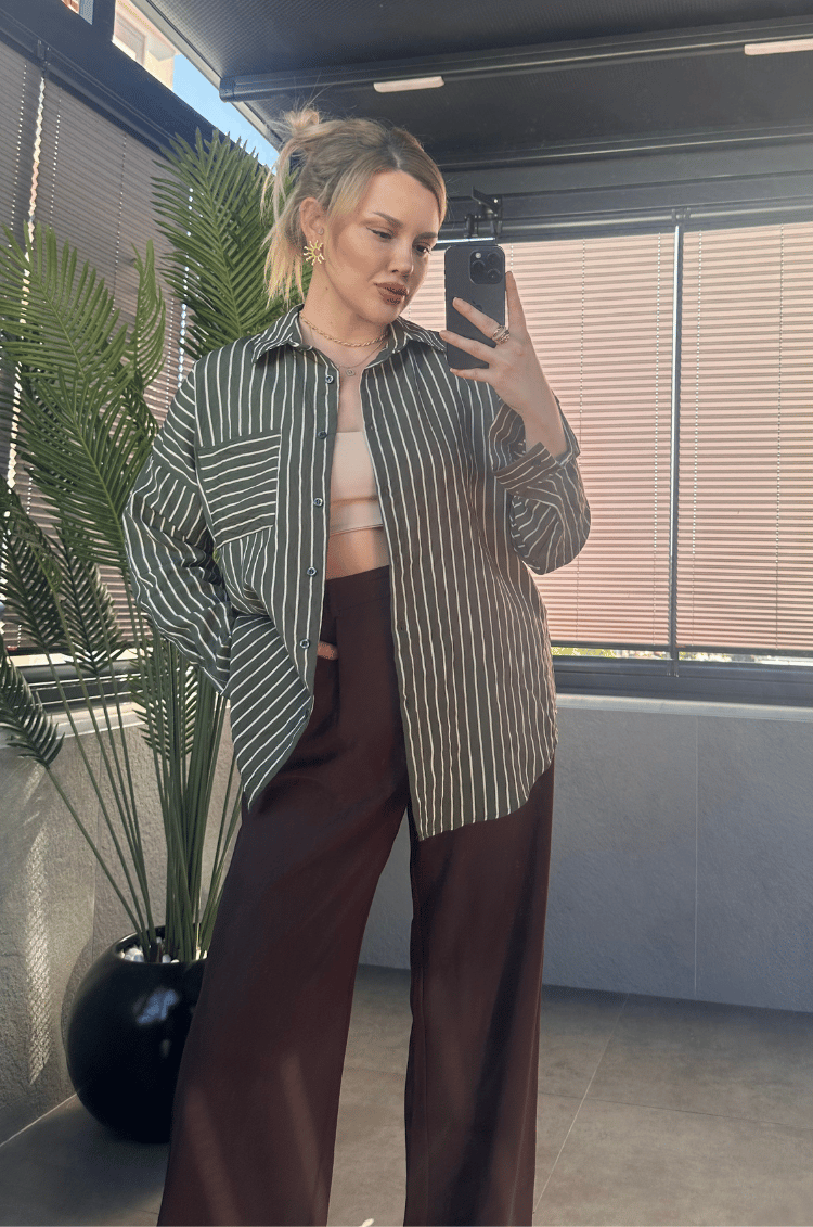 Haki Tek Cepli Çizgili Oversize Modal Gömlek