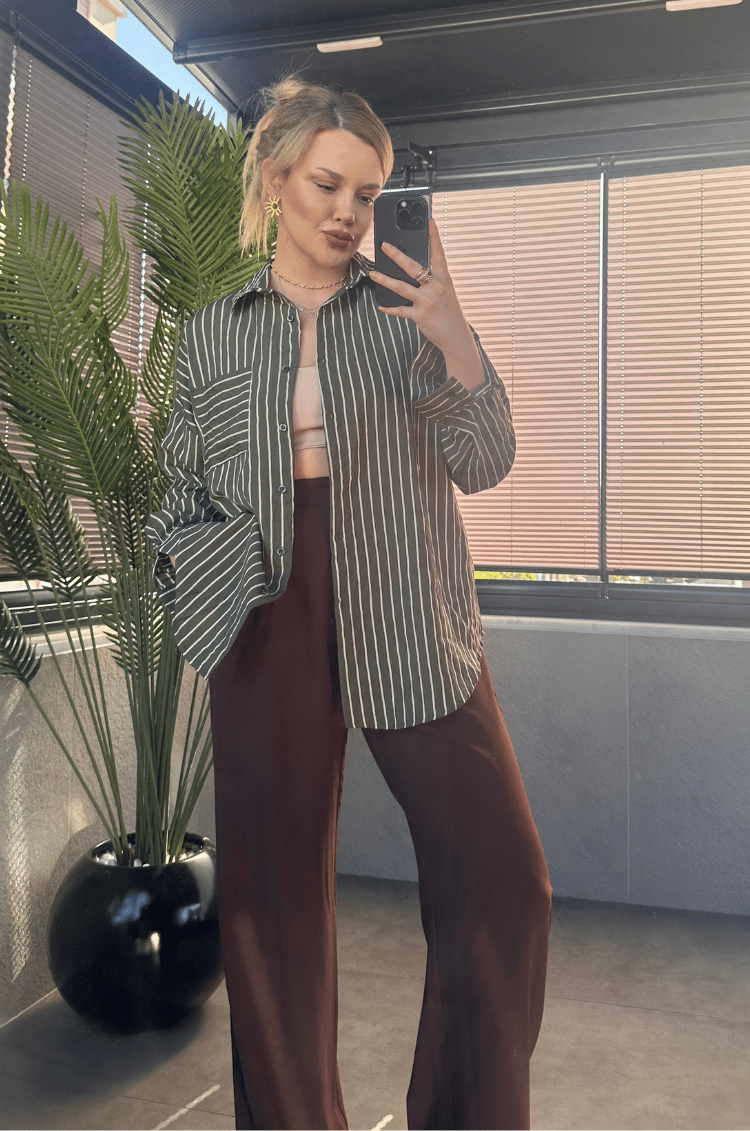Haki Tek Cepli Çizgili Oversize Modal Gömlek