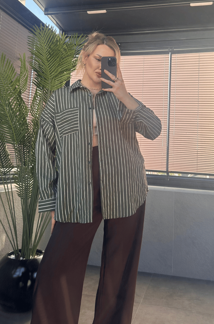 Haki Tek Cepli Çizgili Oversize Modal Gömlek