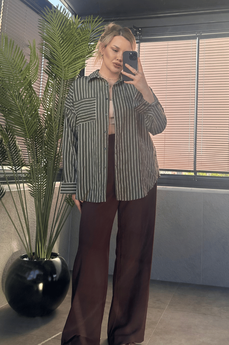 Haki Tek Cepli Çizgili Oversize Modal Gömlek