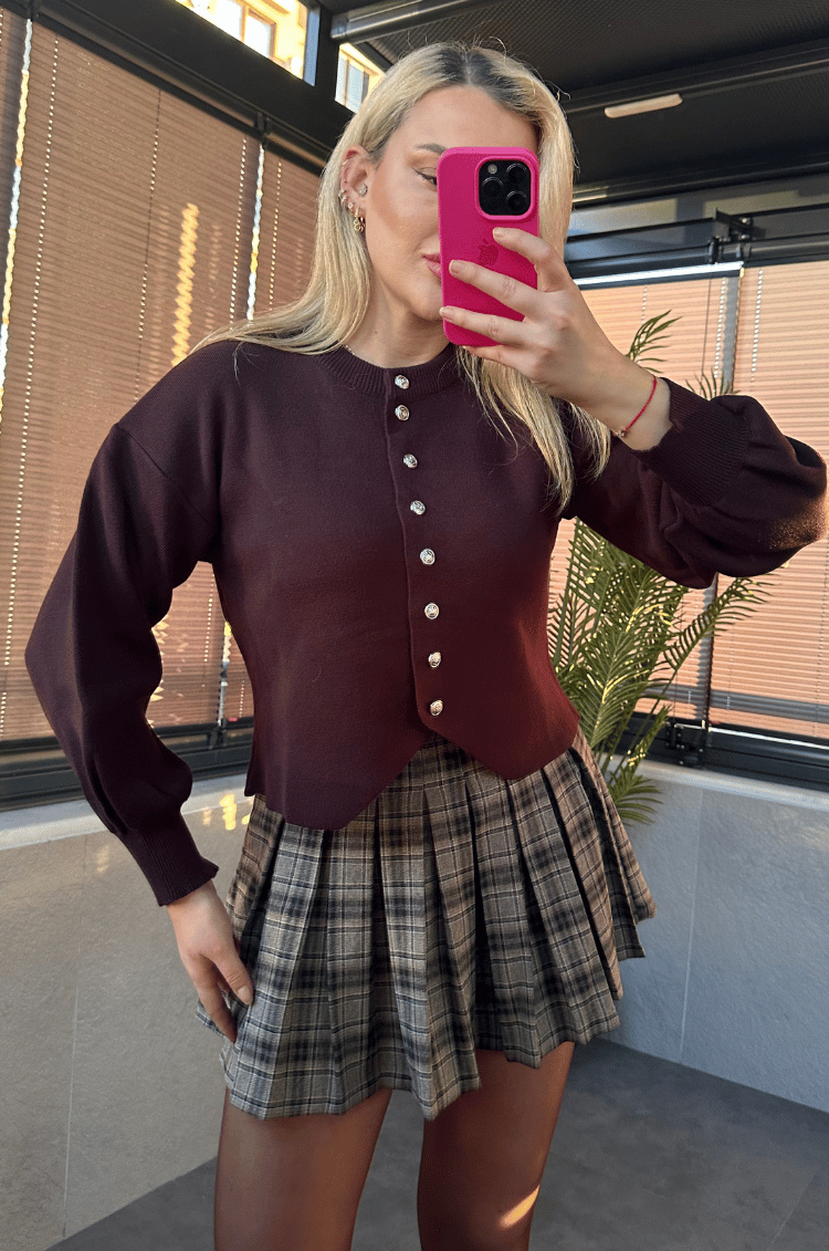 Kahverengi Fit Kesim Crop Hırka