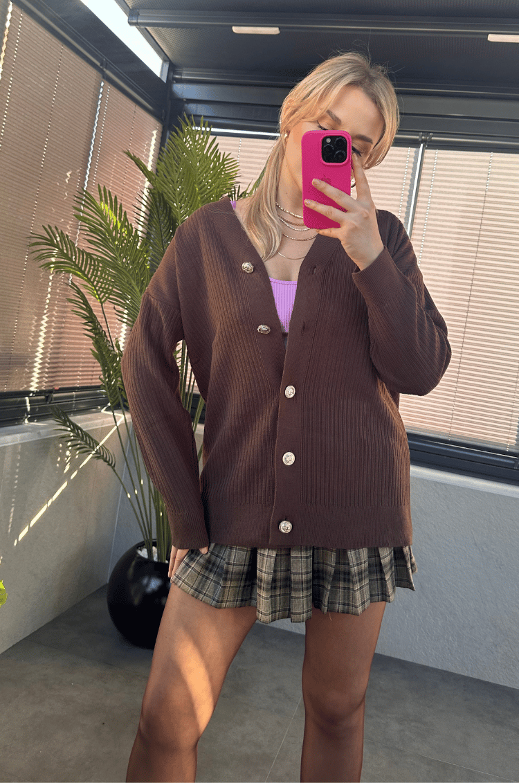 Kahverengi Fitilli Oversize Basic Örme Hırka