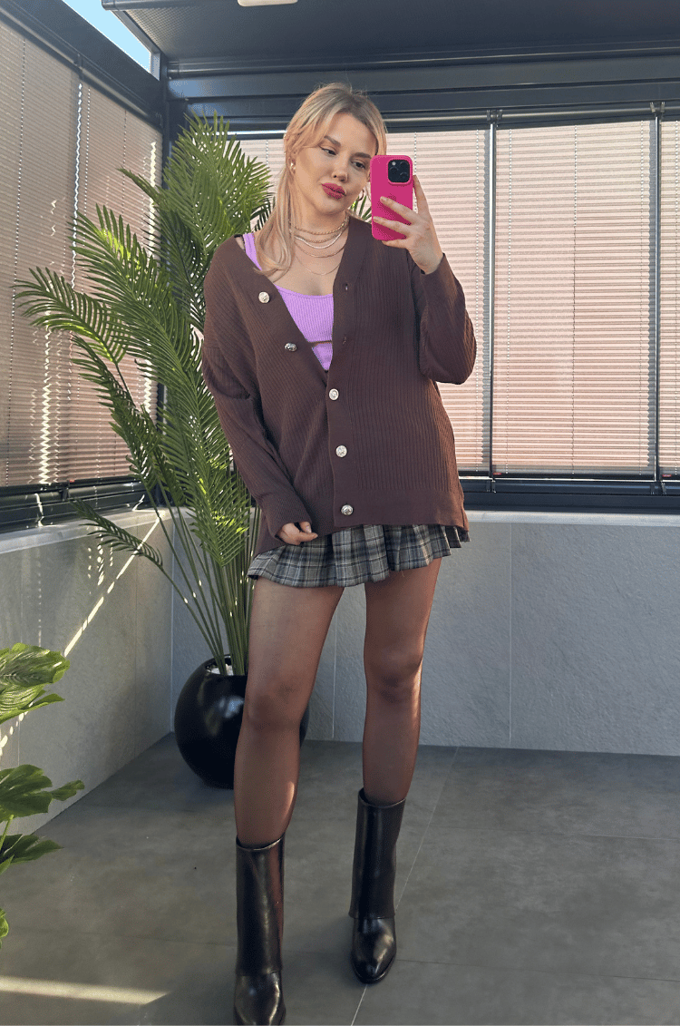 Kahverengi Fitilli Oversize Basic Örme Hırka