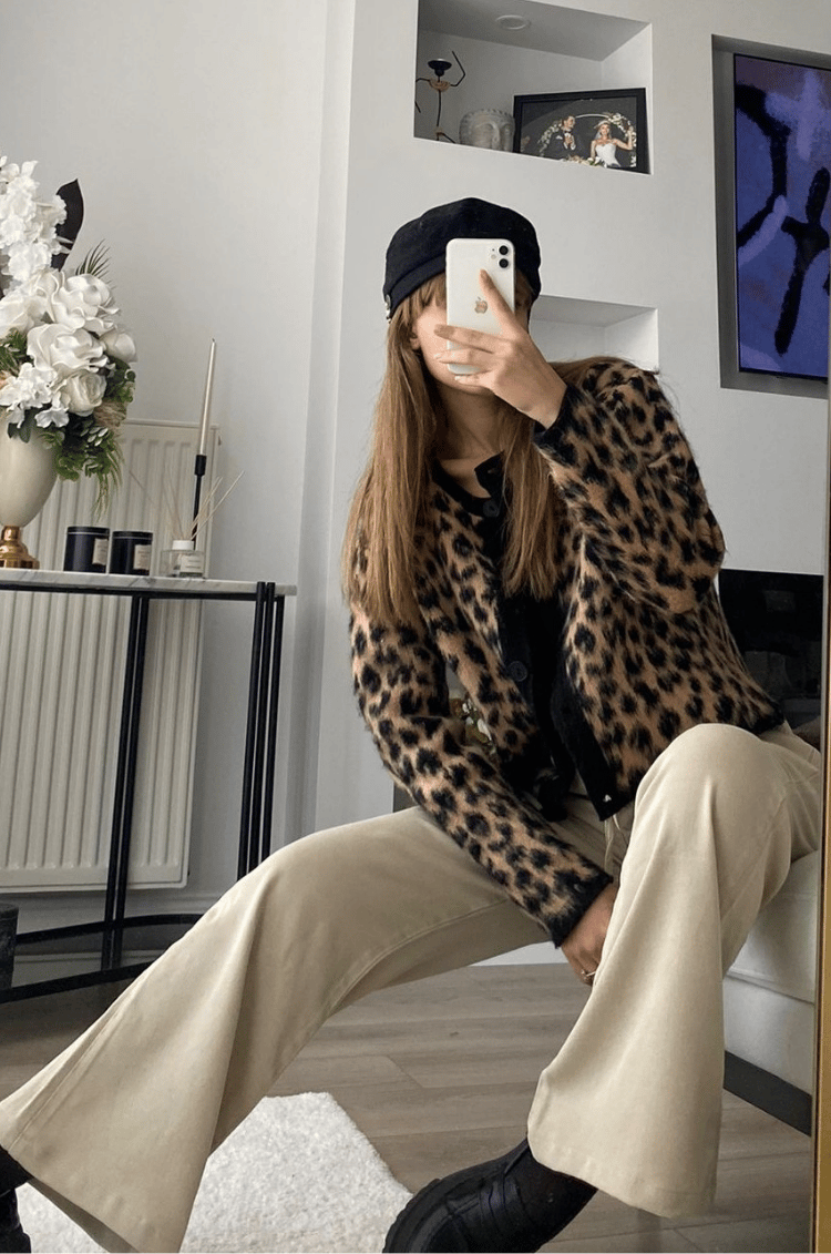 Kahverengi Leopar Desenli Kısa Hırka
