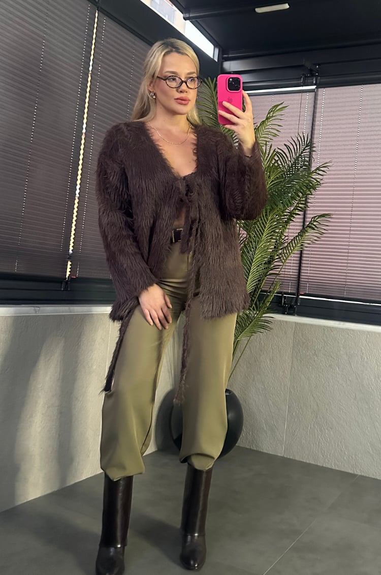 Kahverengi Marka Model Oversize Sakallı Hırka