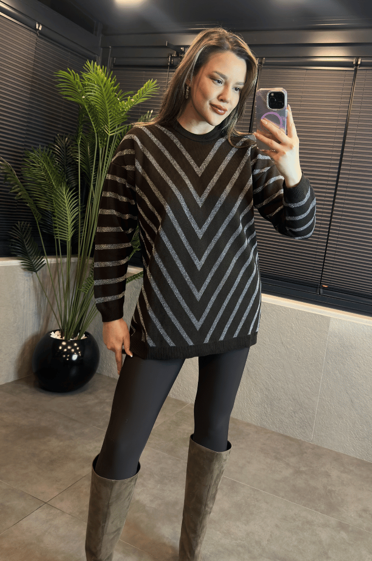 Kahverengi Simli Bisiklet Yaka Oversize Uzun Kazak