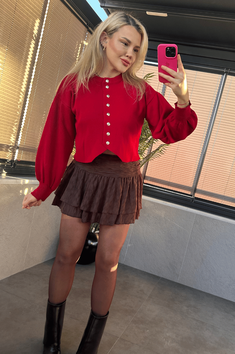 Kırmızı Fit Kesim Crop Hırka