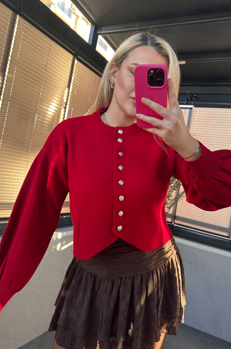 Kırmızı Fit Kesim Crop Hırka