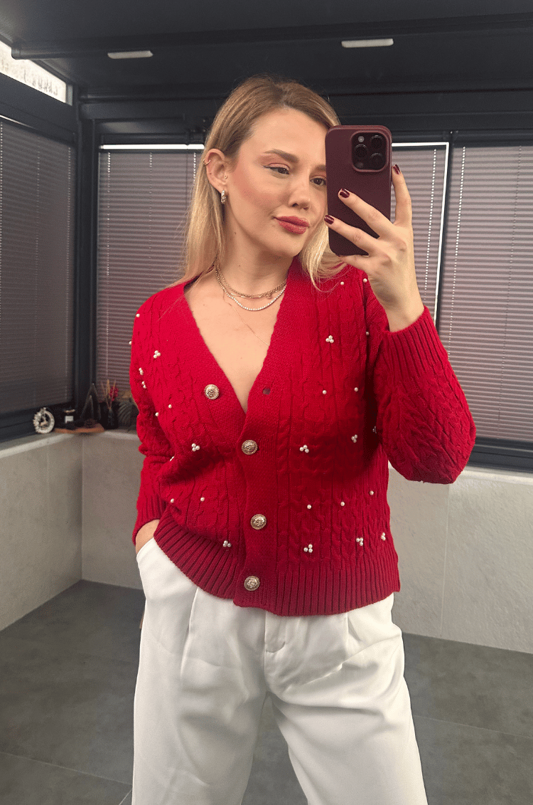 Kırmızı İnci Detaylı Örme Hırka