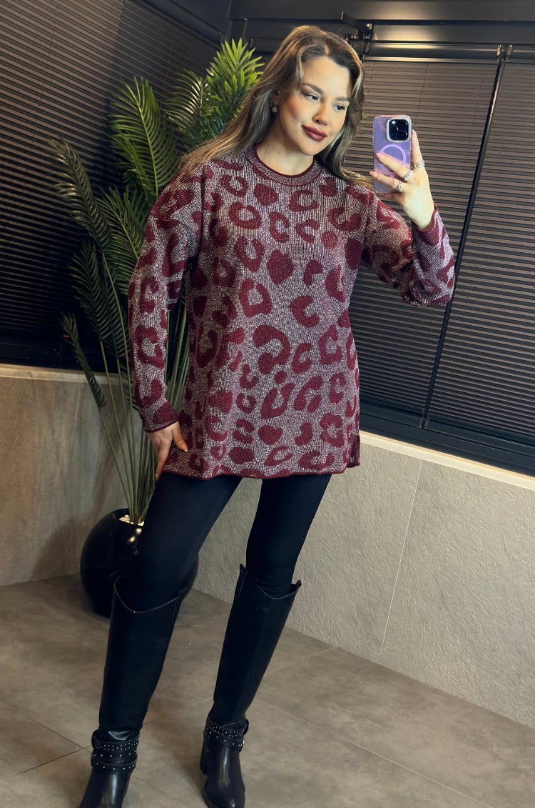 Kırmızı Leopar Desenli Simli Kazak