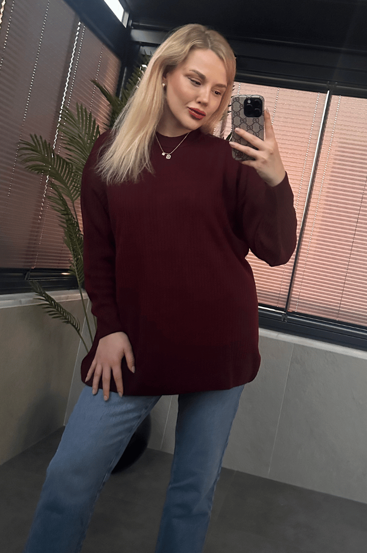 Koyu Bordo Yarı Boğazlı Fitilli Oversize Kazak