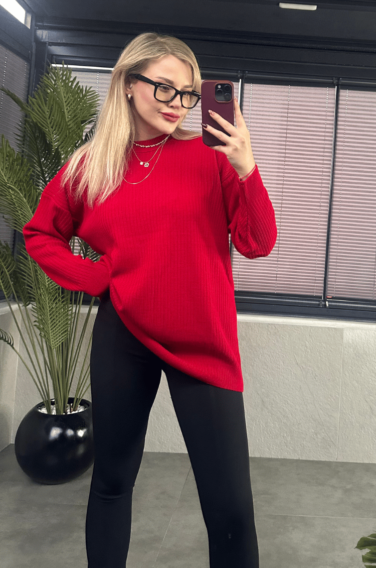 Koyu Kırmızı Yarı Boğazlı Fitilli Oversize Kazak