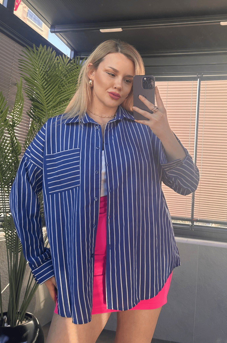 Koyu Mavi Tek Cepli Çizgili Oversize Modal Gömlek