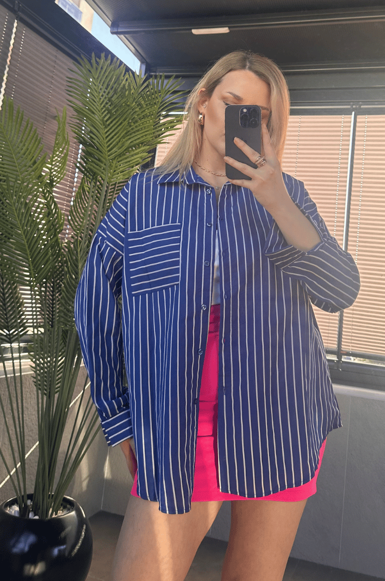 Koyu Mavi Tek Cepli Çizgili Oversize Modal Gömlek
