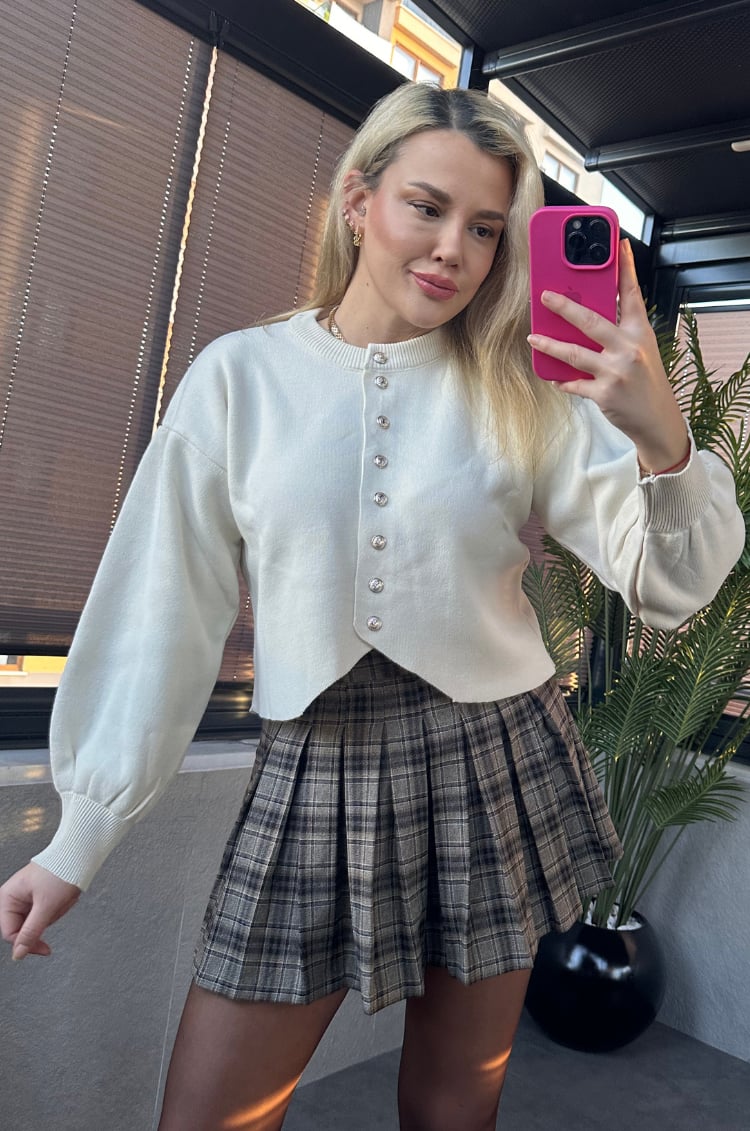 Krem Fit Kesim Crop Hırka