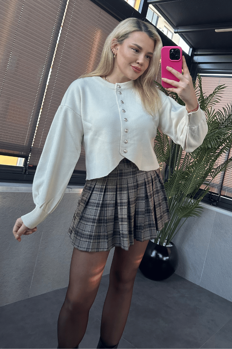Krem Fit Kesim Crop Hırka