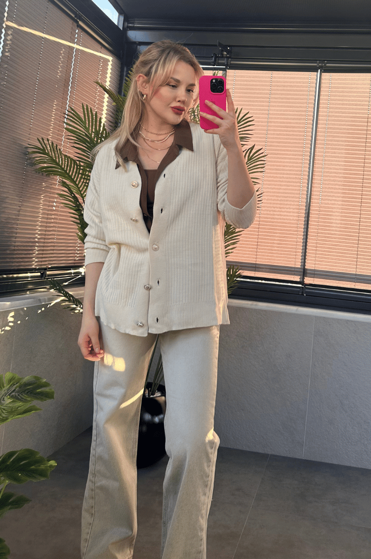 Krem Rengi Fitilli Oversize Basic Örme Hırka
