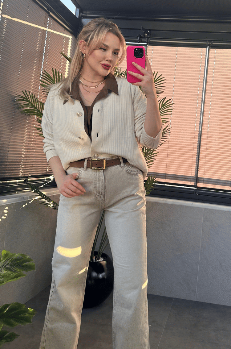 Krem Rengi Fitilli Oversize Basic Örme Hırka