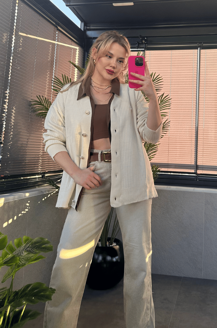 Krem Rengi Fitilli Oversize Basic Örme Hırka