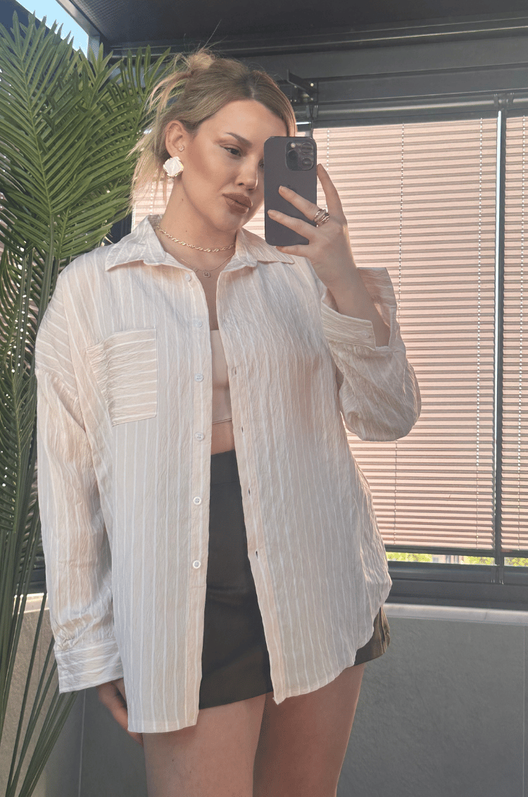 Krem Tek Cepli Çizgili Oversize Modal Gömlek