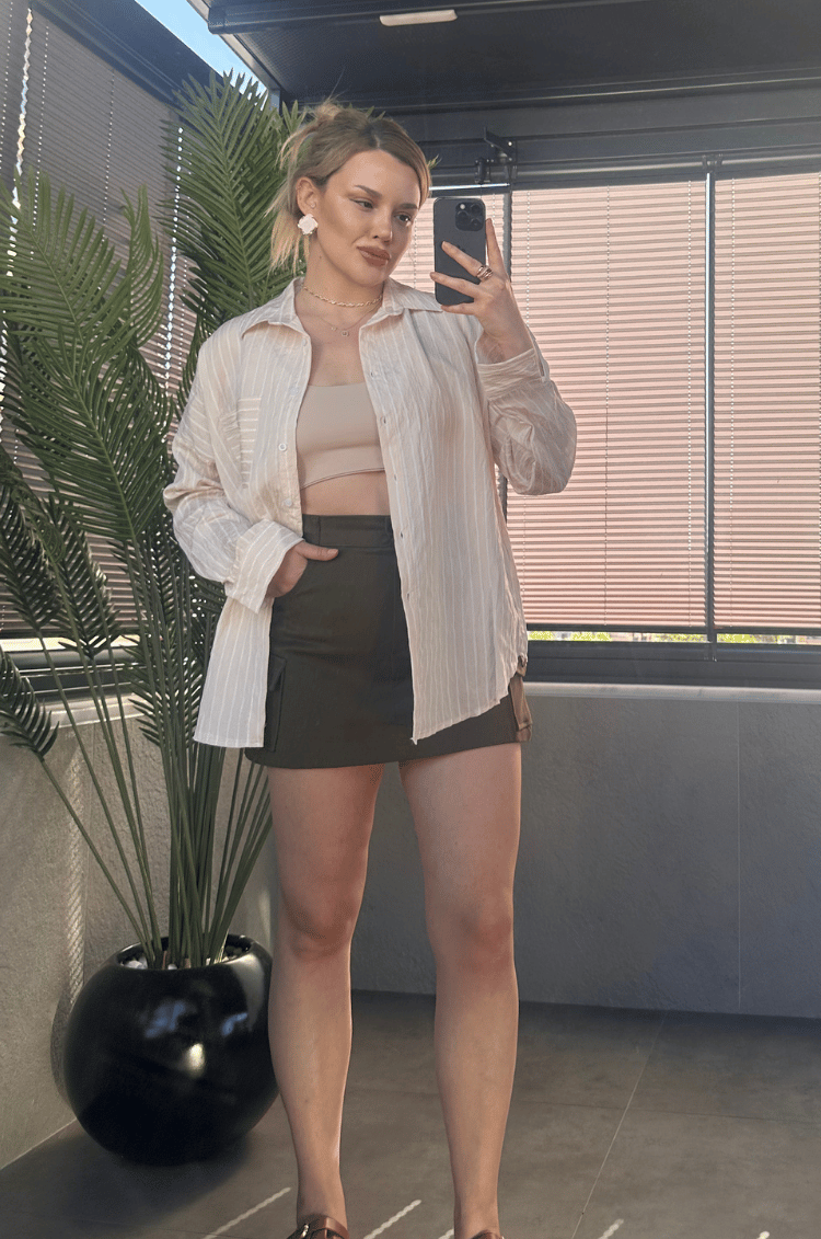 Krem Tek Cepli Çizgili Oversize Modal Gömlek
