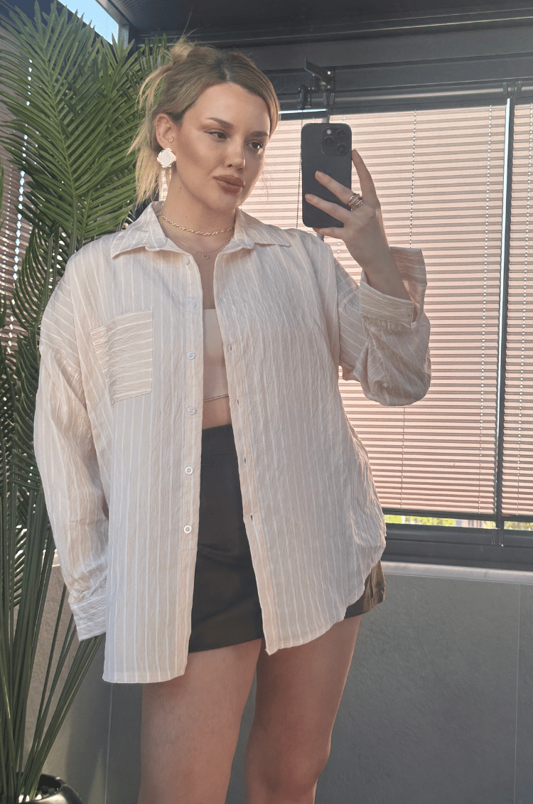 Krem Tek Cepli Çizgili Oversize Modal Gömlek