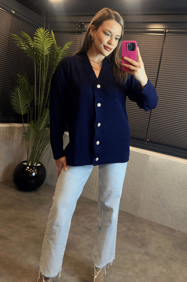 Lacivert Fitilli Oversize Basic Örme Hırka
