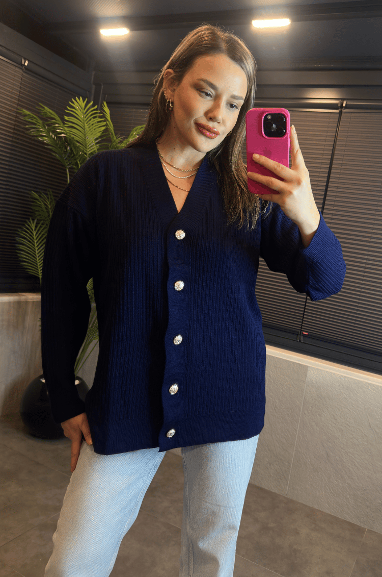 Lacivert Fitilli Oversize Basic Örme Hırka