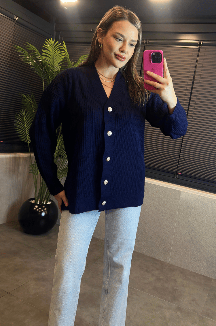 Lacivert Fitilli Oversize Basic Örme Hırka