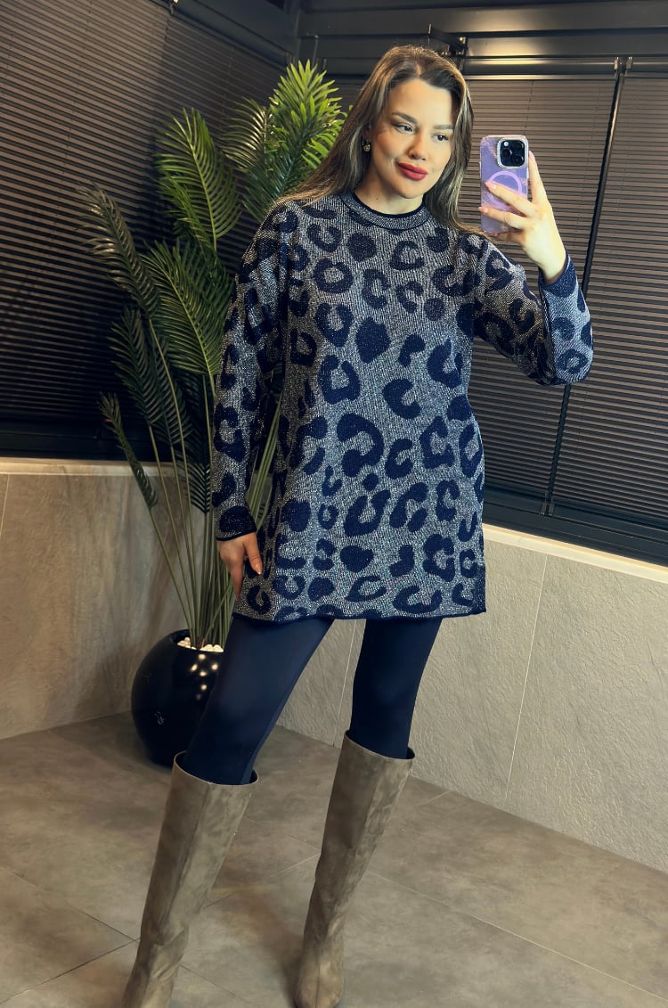 Lacivert Leopar Desenli Simli Kazak