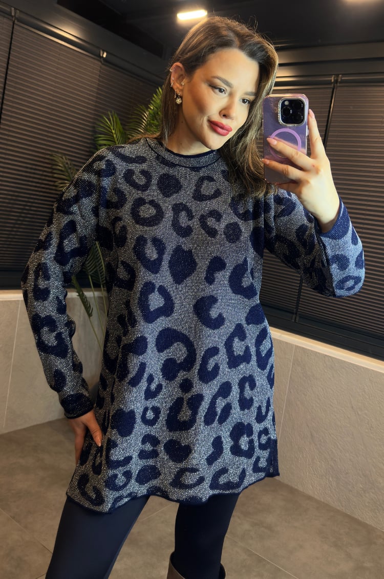 Lacivert Leopar Desenli Simli Kazak